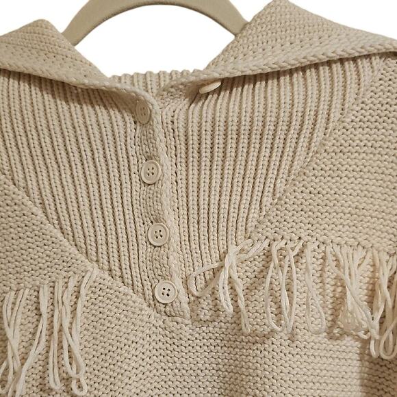 POL Boho Fringe Cream Three Button Collared Sweater with Fringe Detailing -Med - Picture 3 of 7